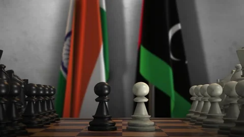 Libya and India Flags with Chess Game Animation. Politics Concept, Government Stock Footage 276609356
