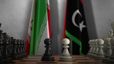 Libya and Iran National Flags with Chess Game Animation. Politics Concept Stock Footage 276611153
