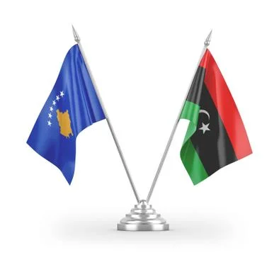 Libya and Kosovo table flags isolated on white 3D rendering Stock Illustration