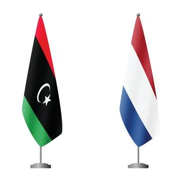 Libya and Netherlands flags on flagpoles for official ceremonies and meetings Stock Illustration