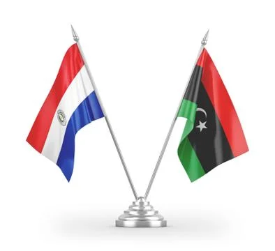 Libya and Paraguay table flags isolated on white 3D rendering Stock Illustration