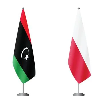 Libya and Poland flags on flagpoles for official ceremonies and meetings Stock Illustration