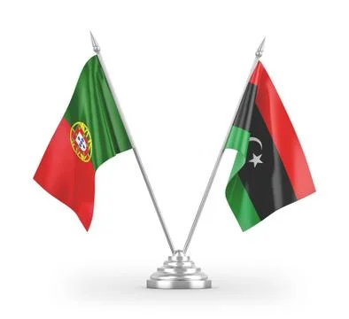 Libya and Portugal table flags isolated on white 3D rendering Stock Illustration