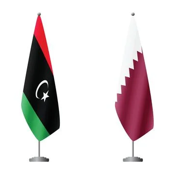 Libya and Qatar flags on flagpoles for official ceremonies and meetings Stock Illustration