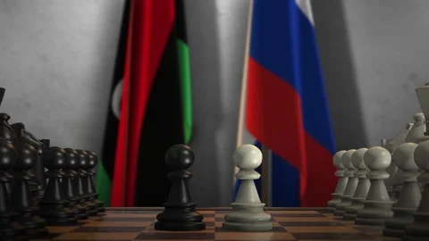 Libya and Russia National Flags with Chess Game Animation. Politics Concept Stock Footage 276579237