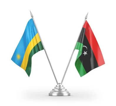 Libya and Rwanda table flags isolated on white 3D rendering Stock Illustration