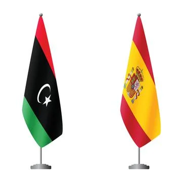 Libya and Spain flags on flagpoles for official ceremonies and meetings Stock Illustration