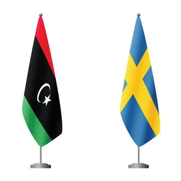 Libya and Sweden flags on flagpoles for official ceremonies and meetings Illustrazione stock