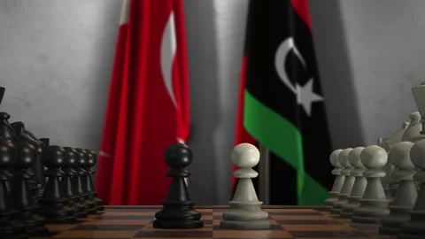 Libya and Turkey National Flags with Chess Board Animation. Politics of Stock Footage 276575406