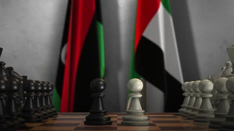 Libya and UAE National Flags with Chess Board Animation. Politics of Government Stock Footage 276573967