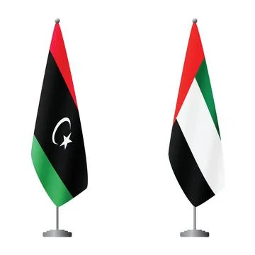 Libya and United Arab Emirates flags on flagpoles for official ceremonies and Stock Illustration