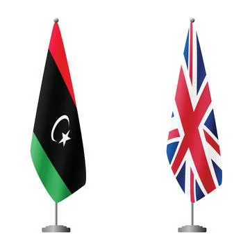 Libya and United Kingdom flags on flagpoles for official ceremonies and meetings Stock Illustration