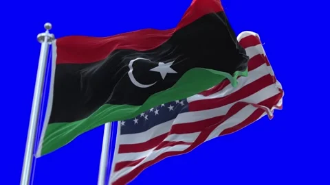 Libya and United States Flags Waving on Flagpoles. Seamless Stock Footage 297379964