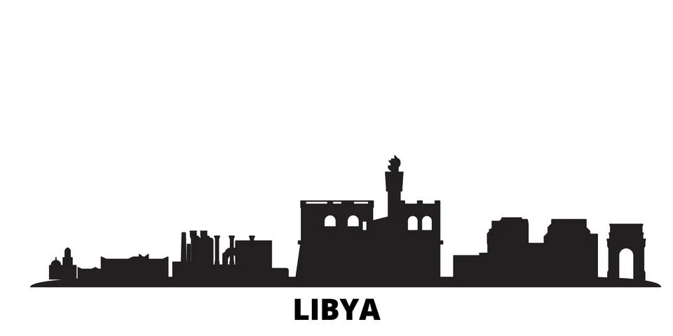 Libya city skyline isolated vector illustration. Libya travel black cityscape Stock Illustration