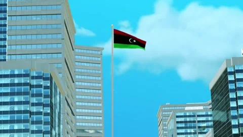 Libya Flag 3D Render Animation with Urban Architecture and Clear Blue Sky Stock Footage 333041769