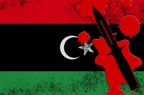 Libya flag and black tactical knife in red blood. Concept for terror attack o Stock Illustration