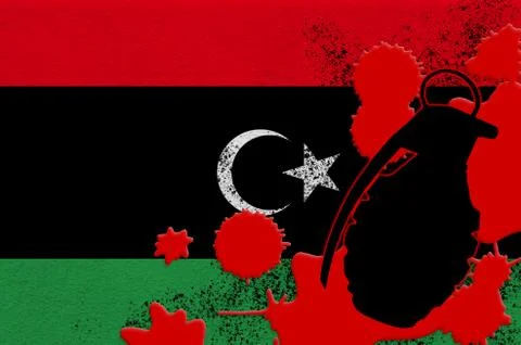 Libya flag and MK2 frag grenade in red blood. Concept for terror attack or mi Stock Illustration