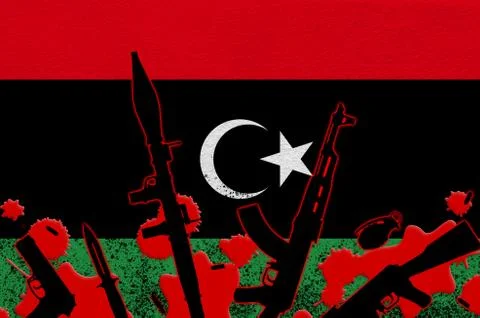 Libya flag and various weapons in red blood. Concept for terror attack or mil Stock Illustration