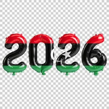 Libya flag colors 2026 3d illustration, balloon numbers 3d rendering on tra.. Stock Illustration