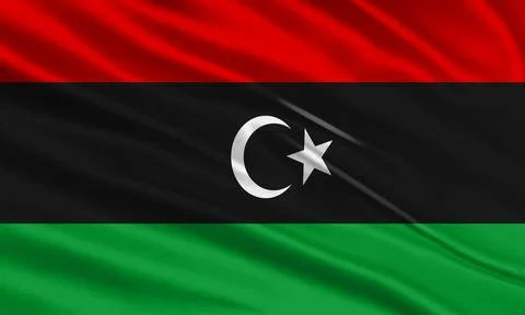 Libya flag design. Waving Libyan flag made of satin or silk fabric. Illustrazione stock