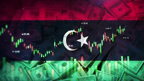 Libya Flag on Economic Background With Decrease Bar Chart Graph And Arrow 動画素材 320971583
