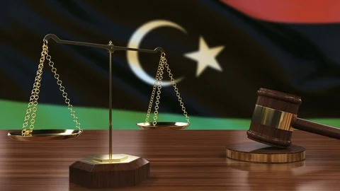 Libya Flag with Hammer and Scales of Justice Stock-Footage 108593319