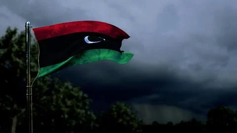 Libya flag for independence day on dark storm cumulus - abstract 3D rendering 스톡 일러스트