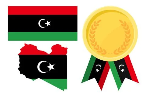 Libya flag with map and gold medal in set for web and banners or app and game Illustrazione stock