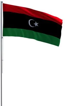 Libya flag on metal flagpole flies in wind 3D rendering, png transparent Stock Illustration