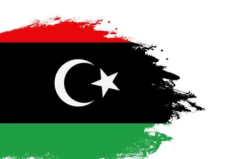 Libya flag on a stained stroke brush painted isolated white background with.. Stock Illustration