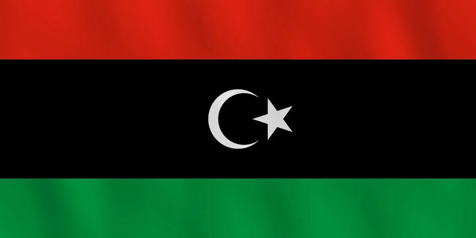 Libya flag with waving effect, official proportion. Stock Illustration
