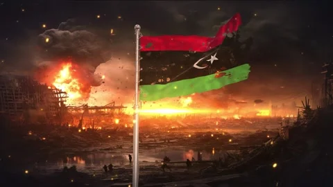 Libya flag waving in war is torn Stock Footage 346009640