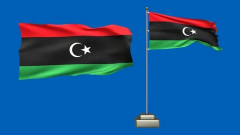 Libya flag waving in the wind on a blue background Stock Footage 277954696