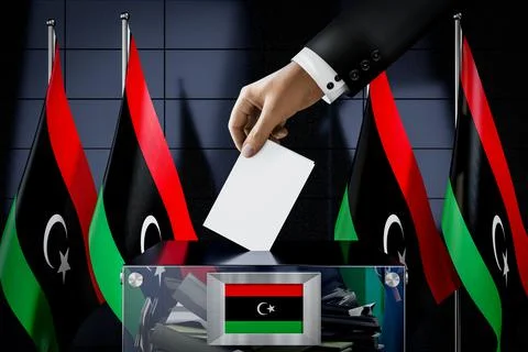 Libya flags, hand dropping ballot card into a box Stock-Illustration