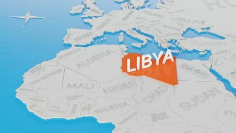Libya highlighted on a white simplified 3D world map. Digital 3D render. Stock Illustration