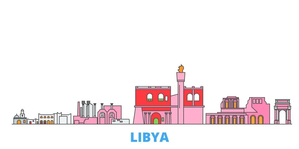 Libya line cityscape, flat vector. Travel city landmark, oultine illustration Stock Illustration
