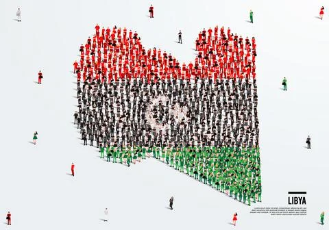 Libya Map and Flag. A large group of people in the Libya flag color form. Stock Illustration