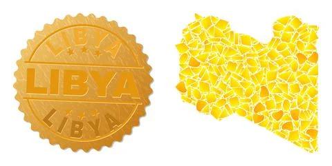 Libya Map Collage of Golden Elements and Metal Libya Badge Stock Illustration