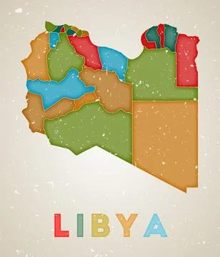 Libya map. Country poster with colored regions. Old grunge texture. Vector .. Stock Illustration