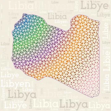 LIBYA map design. Country names in different languages and map shape with g.. Foto stock