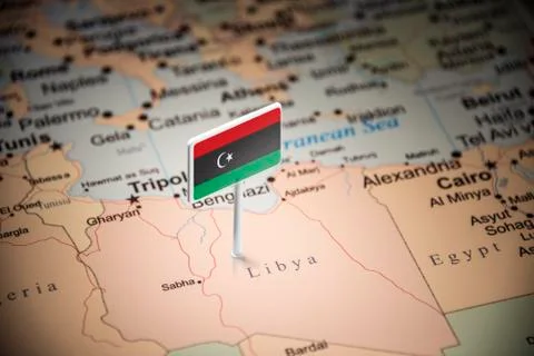 Libya marked with a flag on the map Stockfoto's