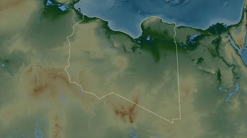 Libya outlined on a Colored elevation map with lakes and rivers Illustrazione stock