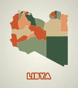 Libya poster in retro style. Map of the country with regions in autumn colo.. 스톡 일러스트