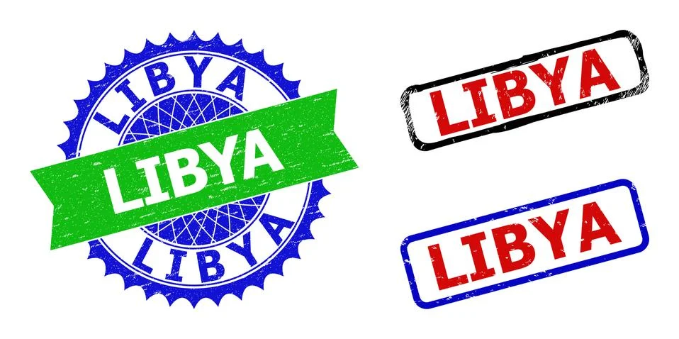LIBYA Rosette and Rectangle Bicolor Seals with Corroded Textures Stock Illustration
