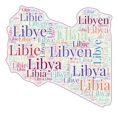 Libya shape filled with country name in many languages. Libya map in wordcl.. Stock Illustration