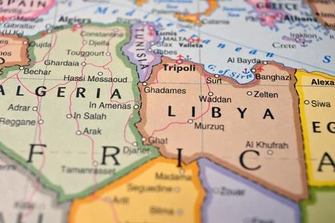 Libya on World Map Close Up Macro Defocused Background Geographic Image 写真素材
