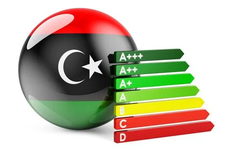 Libyan flag with energy efficiency rating. Performance certificates in Libya  Stock Illustration