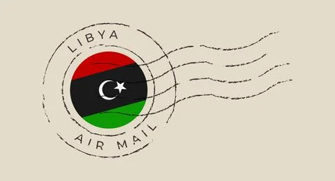 Libyan flag inside a grunge air mail postal stamp with a cancellation mark,.. Stock Illustration