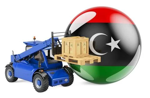 Libyan flag with telescopic handler truck and parcel. Cargo shipping in Li... Fotos Stock