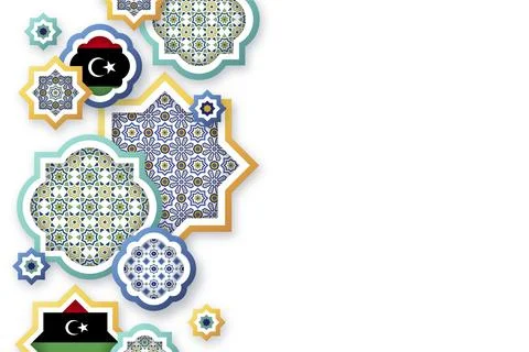 Libyan flags in the middle of different mosaic shapes with free text space Stock Illustration